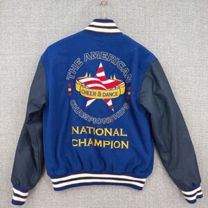 Varsity Blue Wool Leather Sleeve Letterman Jacket American Cheer Dance Sz‎ S